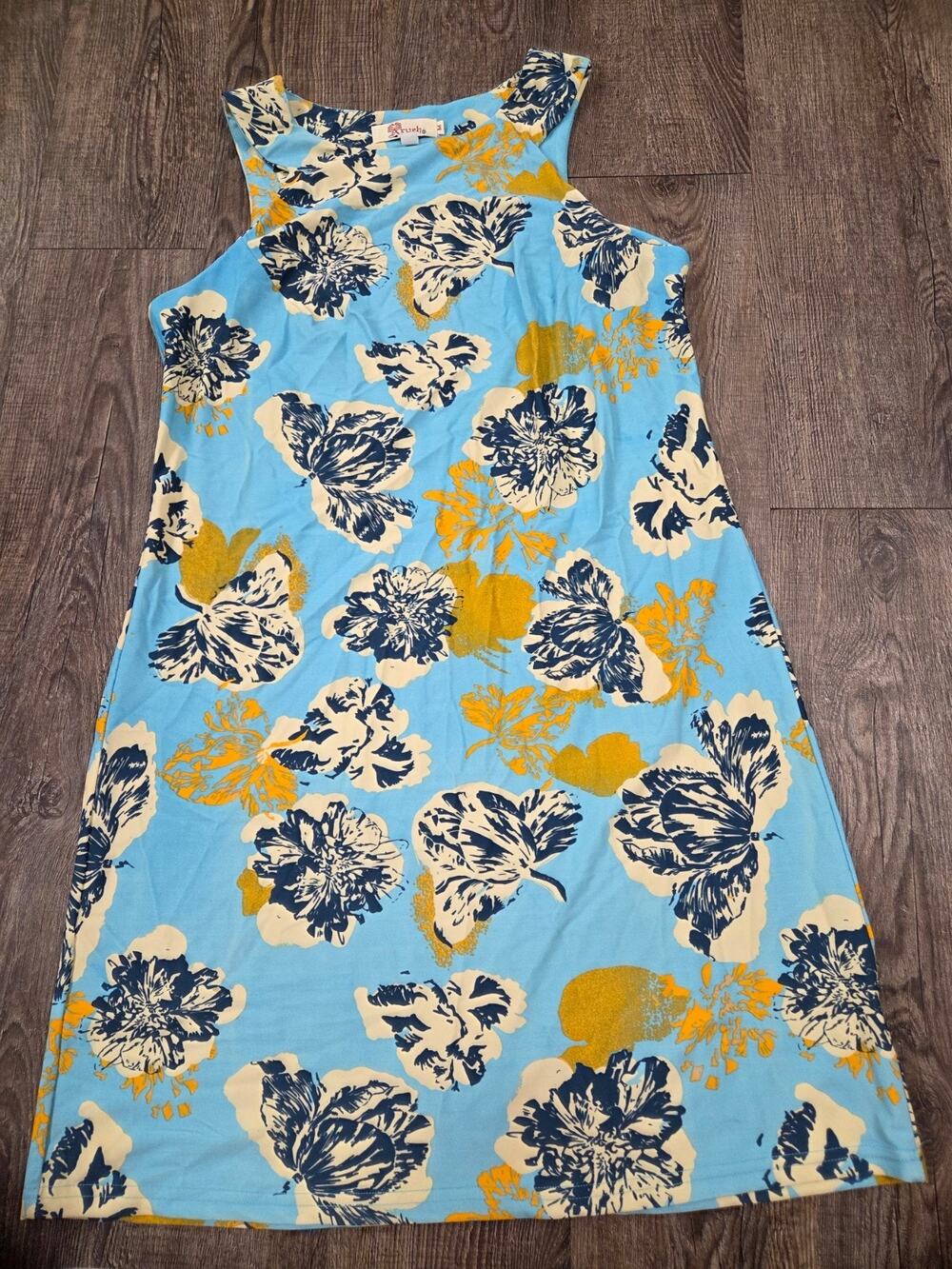 Aryeh Women's Blue Navy Yellow Sleeveless Stretchy Flowy Short Dress Medium